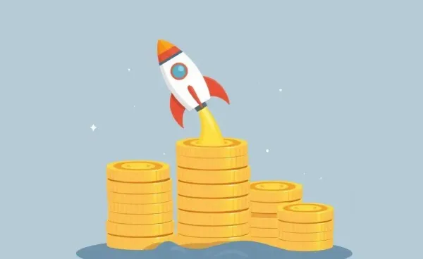 A cartoon rocket launching from a coin stack representing space investments
