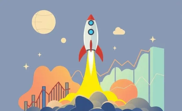 A hand-drawn image of a rocket launching with financial graphs, symbolizing space investments