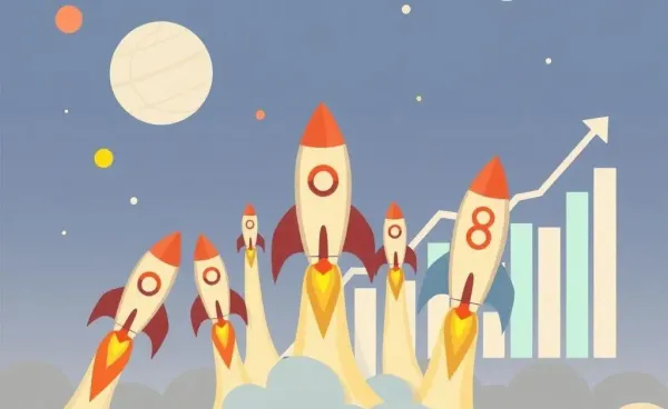 Rockets launching into space with financial graphs