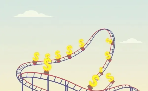 A rollercoaster with dollar signs to depict fluctuating investment returns
