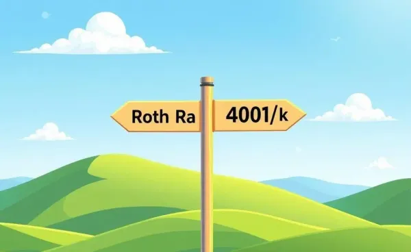 A crossroads sign with paths for Roth IRA and 401(k)