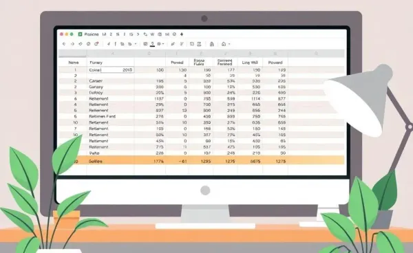 A cozy home office with a computer showing a spreadsheet of Roth IRA contributions.
