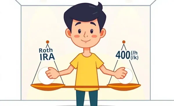 Person weighing Roth IRA and 401(k) options on scales