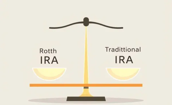 Balanced scale illustrating the pros and cons of Roth and Traditional IRAs