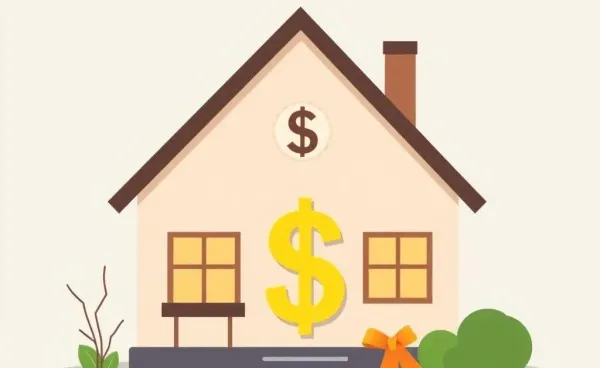 A family home with a dollar sign and cut ribbon, symbolizing saving money on mortgage