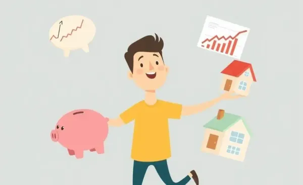 Person juggling a piggy bank, stock charts, and a house