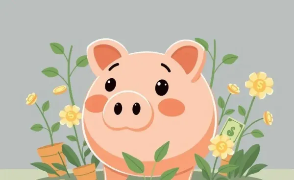 Cartoon piggy bank surrounded by money plants
