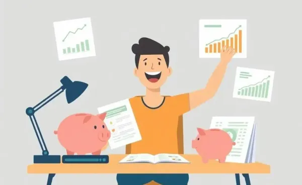 Illustration of a person organizing savings with charts and a piggy bank