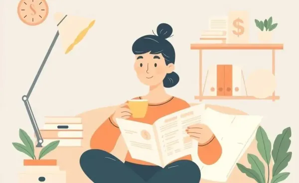 Illustration of a person reviewing a savings plan with a calm setting