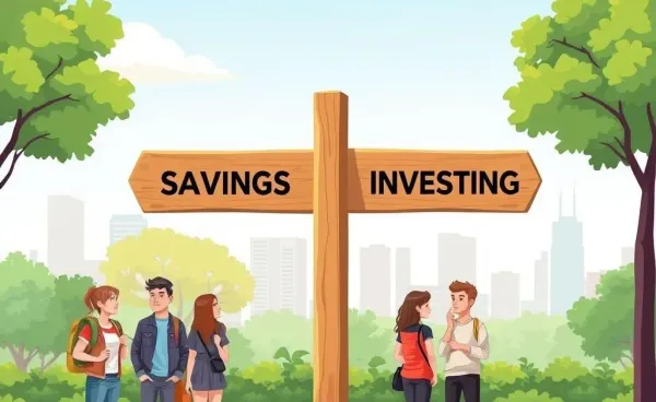 A cartoon showing a crossroads between savings and investing decisions