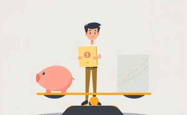 Illustration of a person weighing a piggy bank and stock graph on a scale