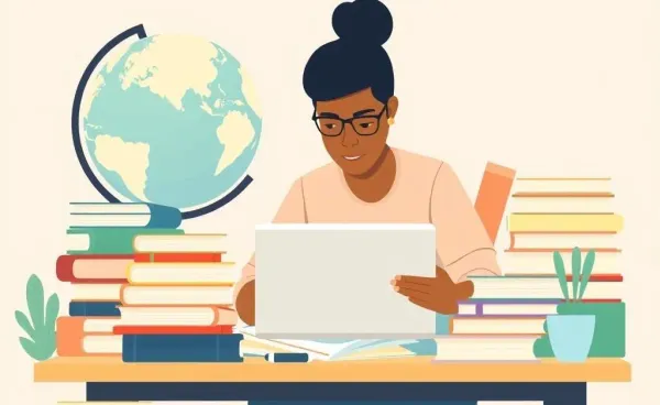 Illustration of a student budgeting at their desk with a globe.