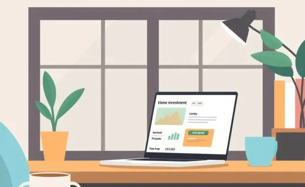 A laptop showing an investment platform in a cozy home office setting.