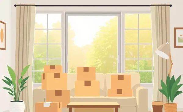 Cozy living room with moving boxes and sunlit garden view