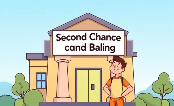 Illustration of a person standing confidently in front of a bank offering second chance banking.