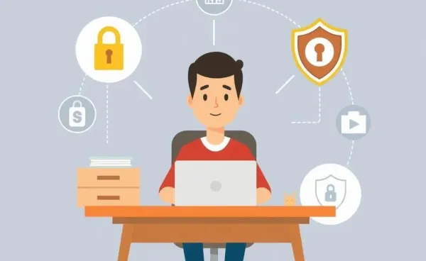 Illustration of a person at a desk with security icons like a lock and shield.