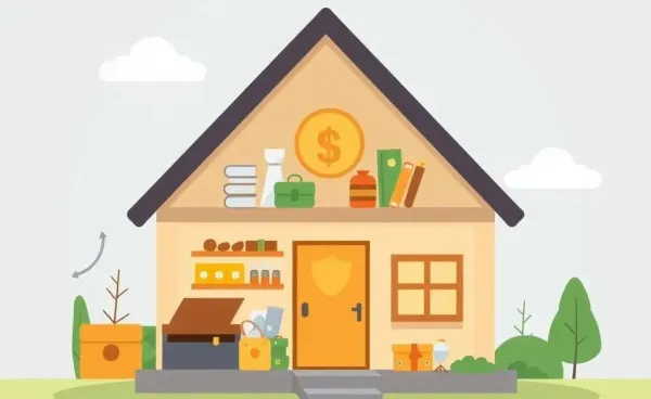 Cartoon image of a secure home with valuables inside symbolizing protection and insurance coverage