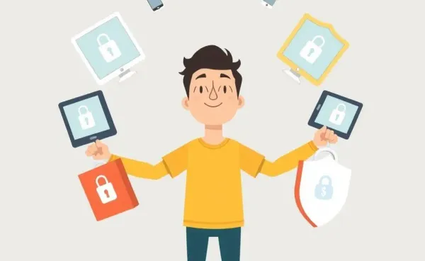 Person managing online banking on multiple devices securely.