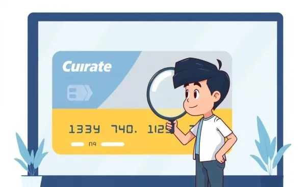 Person examining a large credit card with a magnifying glass