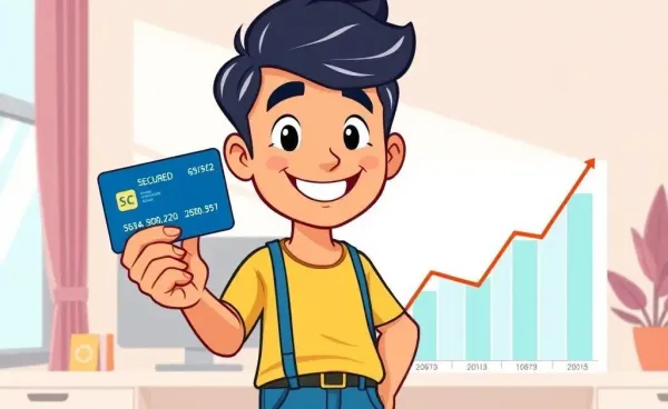 Person holding a secured credit card and a chart of rising credit scores