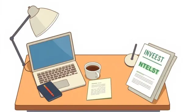 A cozy desk setup for self-directed investing, illustrating a beginner investor planning their financial future
