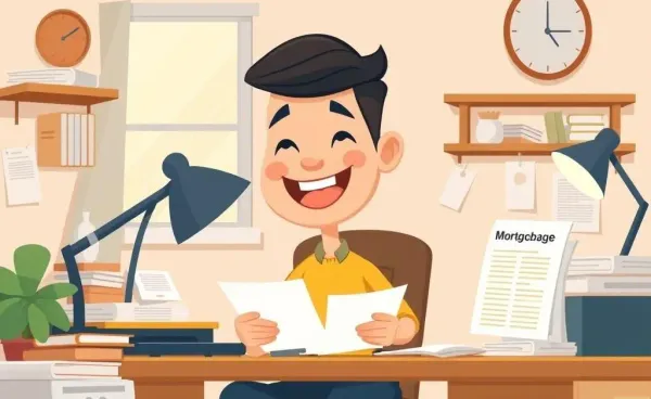 Illustration of a home office desk with mortgage paperwork