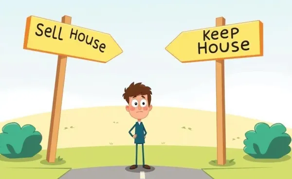 Illustration of a person standing at a crossroads deciding whether to sell their house