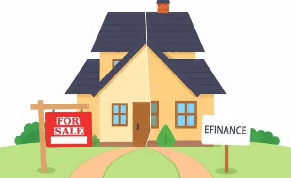 Two paths branching from a house: one with a 'For Sale' sign and the other with a 'Refinance' sign.