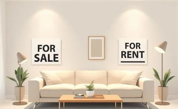 Illustration of a living room with signs for selling and renting