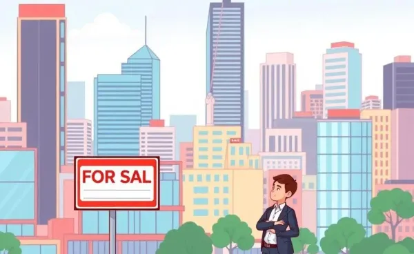 Illustration of a cityscape with a commercial property for sale