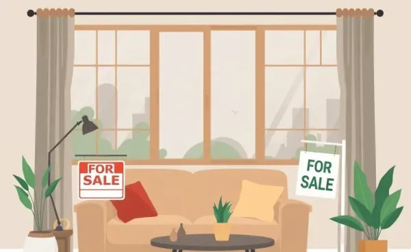 A living room with a 'For Sale' sign seen through the window