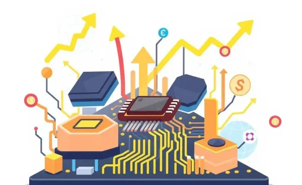 Illustration of semiconductors on a circuit board with hints of financial growth.