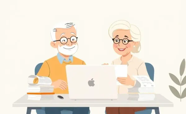 Senior couple researching HMO options on a laptop