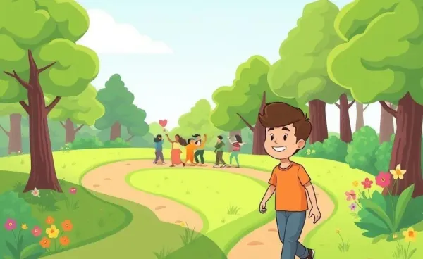 A cartoon-style depiction of a person on a path experiencing unexpected joy.