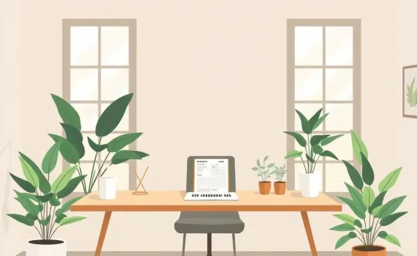 A peaceful home office setup with a budget planner and plants