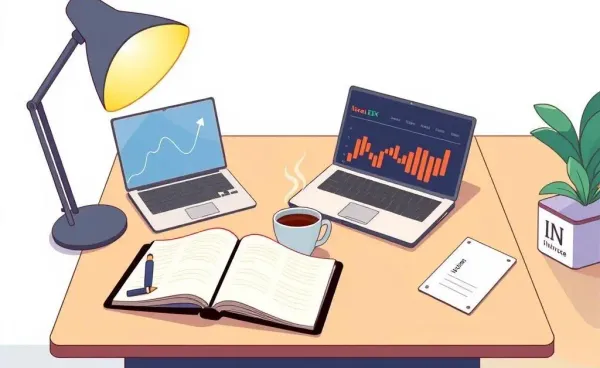 Desk with planner, coffee, and investment graphs on a laptop screen