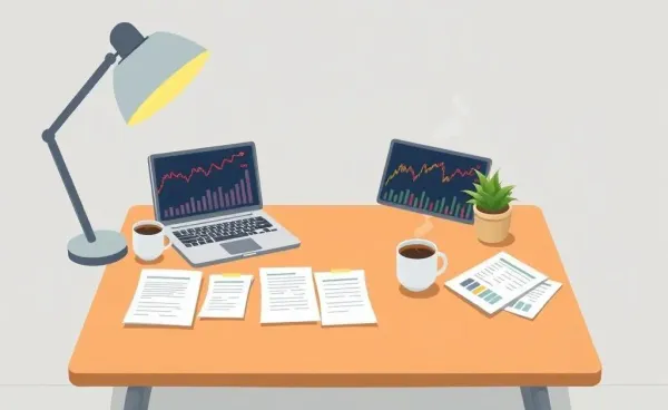A calm workspace with financial papers and stock charts on a laptop.
