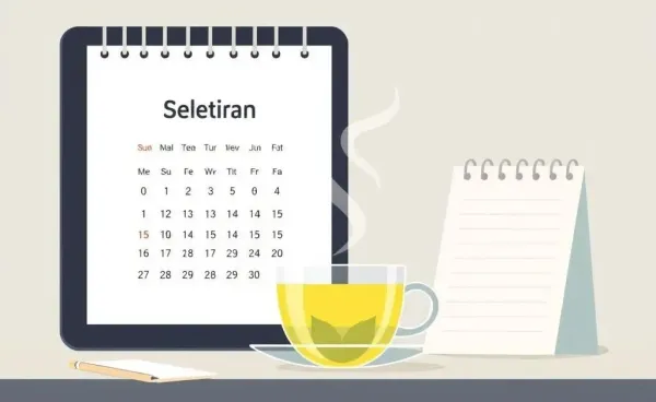 A serene desk setup with a calendar, a steaming cup of tea, and a notebook