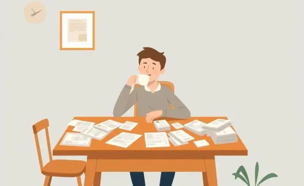 A serene person reflecting on finances over tea