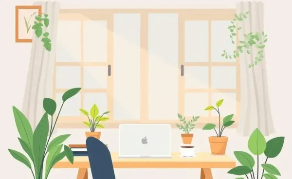 A peaceful home office setup with natural light and greenery