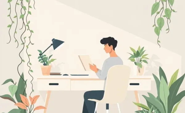 A person sitting at a desk surrounded by plants, reviewing investment portfolios