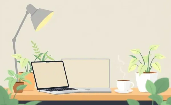 A calming office desk with a laptop and coffee for job searching