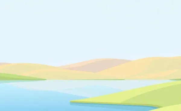 A peaceful scene of a calm lake surrounded by gentle hills