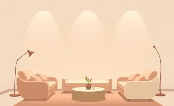 Minimalist illustration of a cozy living room with warm lighting