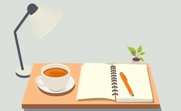 A peaceful workspace with a cup of tea and a notebook.