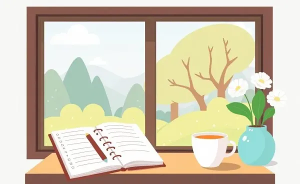 Serene workspace with planner, tea, and a nature view