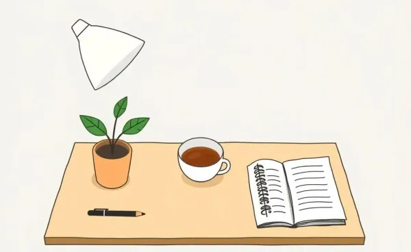 A relaxing, minimalist workspace with a touch of nature
