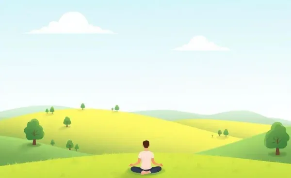 A person meditating in a serene landscape, surrounded by nature.