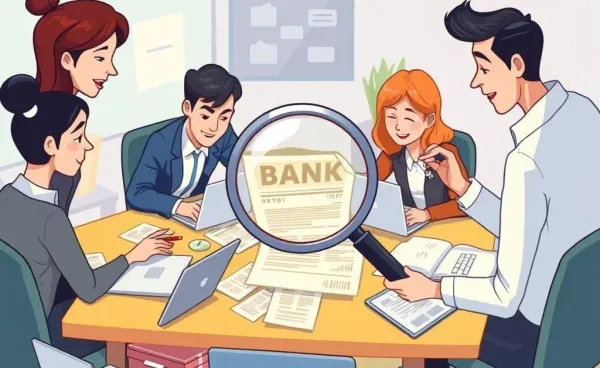 Cartoon of people examining a bank statement with a magnifying glass