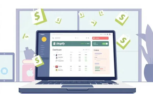 A laptop with Shopify dashboard and flying order icons.